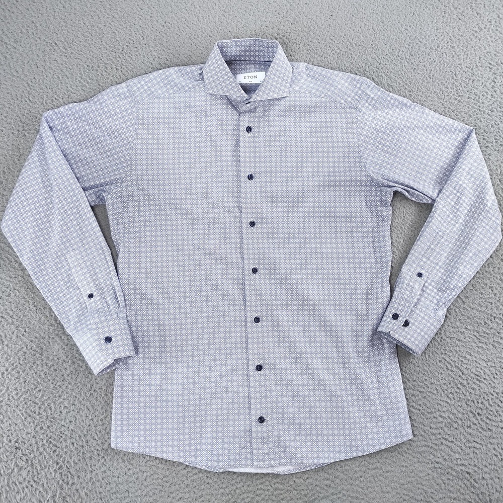 Eton Dress Shirt Men 15.5 39 Blue Geometric Spread Collar Slim Fit Cotton Poplin